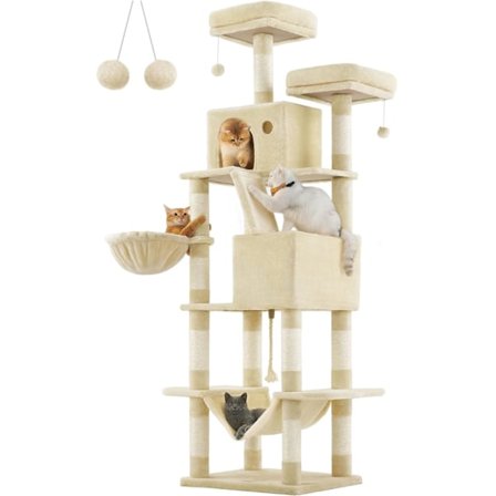 Stor katteskraptårn, 206 cm høj, XXL kattetræ, 2 huler, kurv, hængekøje, beige