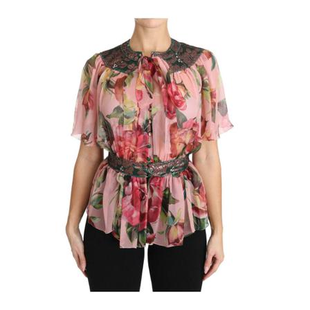 Dolce & Gabbana Floral Print Shirt With Bow Rose , Roze , Dames , Maat: 3XS