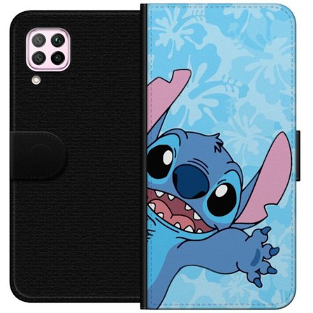 Kompatibelt Lommeboketui til Huawei P40 lite Leken illustrasjon av Stitch som strekker seg mot kameraet på lyseblå blomstret bakgrunn