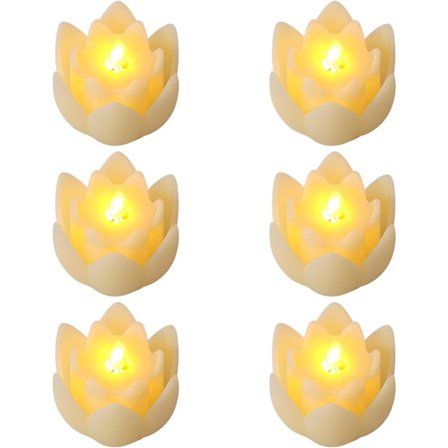 6 stk. LED Lotus Bordlys, 7,5*3CM Lotus Lamper Elektroniske Buddhistiske Lys Batteridrevne Buddha Flakkende Varme Hvide Lys