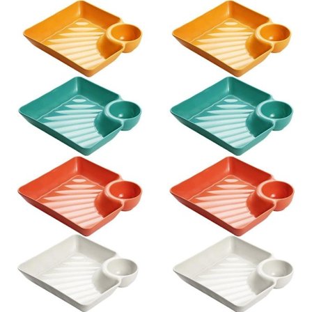 8X Stor Firkantet Dumpling Tallerken med Eddikskål PP Brett Servise Middagstallerken