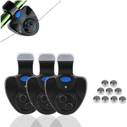 Sett med 3 elektroniske nappvarslere med LED-lys og lydalarm, for å feste på fiskestang.