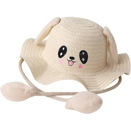 Solhatt for barn med snøring, jenter, pustende, bred brem, sommer, bøttehatt med hoppende kaninører, solbeskyttelse, strandhatt Hvit