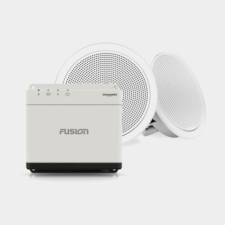 Paquete de estéreo marino Fusion Apollo WB675, 12 V, 280 W, blanco + 2 altavoces marinos Fusion FM Round White 6.5", 120 W