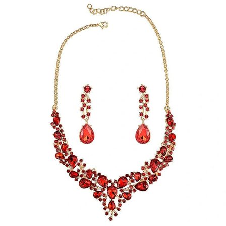 Elegant rød brudekjole for kvinner, krystall- og smykkesett med røde strassøreringer og halskjede for brud, Halloween De