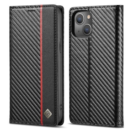 LC.IMEEKE Carbon Fiber Wallet Case for iPhone 13 - Vertical Red Stripe