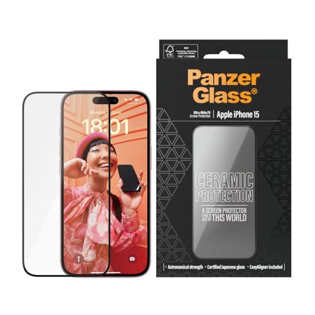 Panzer Ceramic Protection for iPhone 15 | Ultra-Wide Fit w. EasyAligner PanzerGlass - High quality tempered glass screen protector