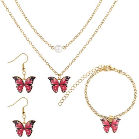 Butterfly Hänge Halsband Set Crystal Smycken Set RÖD