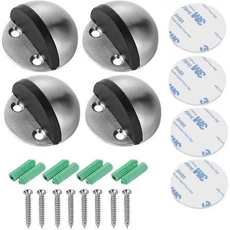 Dørstopper med Lim, Dørstopper til Gulv, Dørstopper i Rustfrit Stål, 4 stk. Dørstopper med Monteringsskruer og 3M Lim, Halvmåne