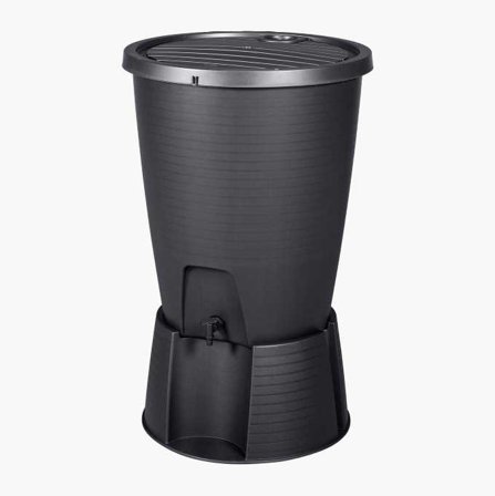 Biltema - Regntønne 220 L - Svart Plast (PP) Med Barnesikkert Lokk, Tappekran og Bunnstilling - Koblinger for Nedløpsrør