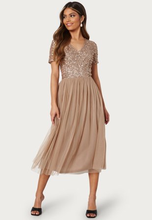 AngelEye - Short Sleeve Sequin Embellished Midi Dress - Taupe