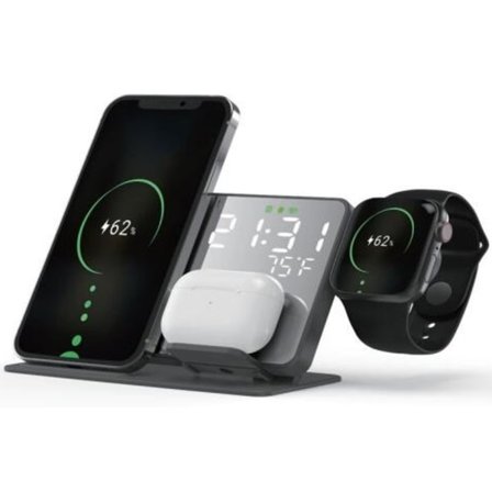 3 i 1 trådlös laddare med väckareklocka