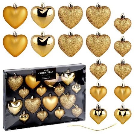 Sprængsikre julekugler hjerter guld 6,5/4,5 cm 16 stk.