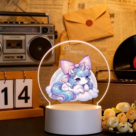 Tilpasset Regnbue Enhjørning 3D Fargeskiftende LED Nattlys med Navn/Tekst - Plug & Play Kontrollert Sengelampe Egnet for Gutter Jenter, Romdekor
