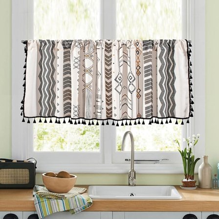 Boho Gardiner med fransar, lantliga korta cafégardiner för skåp och dörrar