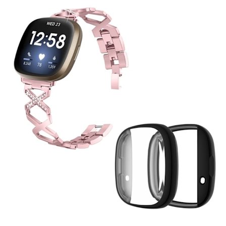 Fitbit Sense / Versa 3 X-formad klockrem med strassdekor och svart fodral - Rosa Ros