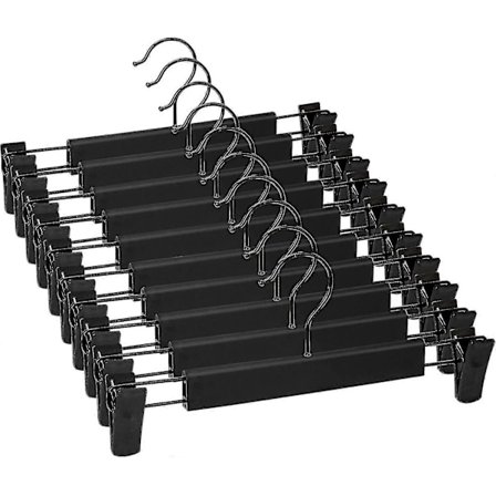 Sett med 10 buksehengere, skjørthengere, med 2 sklisikre og justerbare klyper, for oppheng av bukser, sokker, skjørt - Svart