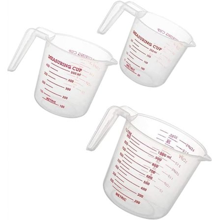 Sæt med 3 målebægre i plast, BPA-fri, gennemsigtig, varmebestandig med vinklet greb og tud, stabelbar målebæger til væsker til køkkenbrug