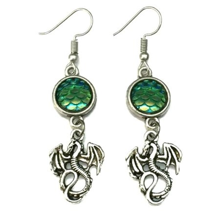Earrings - Dragon - Scale - Cabochon - Green