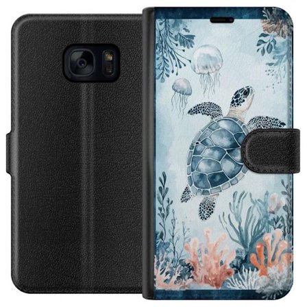 Yhteensopiva Lompakkokotelo Samsung Galaxy S7 Akvarellimaalaus merikilpikonna korallien ja meduusojen joukossa rauhallisessa sinisessä vedenalaisessa