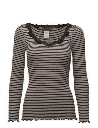 Silk T-Shirt W/ Lace T-shirts & Tops Long-sleeved Svart Rosemunde