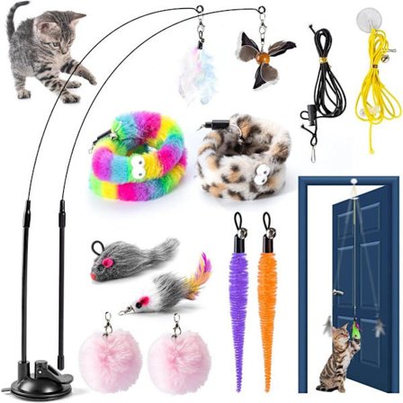 Interaktivt kattelegetøj med fjer – Fiskestang med sugekop & dørhængende legetøjsstang til indendørs katte