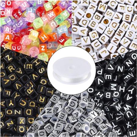 1400 stk 5 farger akryl alfabet kube perler bokstav perler med 1 rull 50m krystall snor ledning for smykkefremstilling 6mm(B)