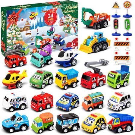 Julekalender 2025 til børn og drenge, 24-dages nedtællingskalender til jul med pull-back bilsæt