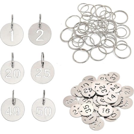50 stk. Numre Tags Rustfrit Stål Metal Runde Nummererede Tags ID Numre Tags Identifikation Hængende Mærker med 50 stk. Nøgleringe (1-50)
