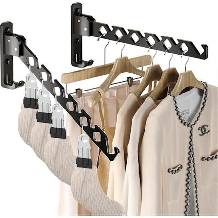 Seinään kiinnitettävä vaateripustin, musta pyykinkuivausteline, vaatekoukut, alumiininen sisäänvedettävä kokoontaitettava sisäseinään asennettava 