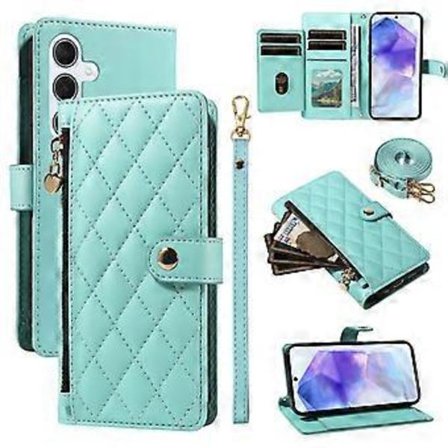 Yhteensopiva Samsung Galaxy A55 5G lompakkokotelo hihnoilla, Rhombus-nahkainen jalustallinen puhelinkotelo (vaaleanvihreä)