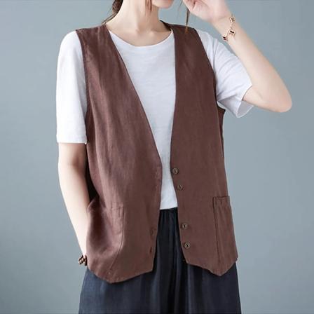 Flickors Färgglad Trendig Cool Hip Pop Ärmlös Bomullslinne Väst Knappar V-Hals Västjacka Mångsidig Och Daglig Coffee L