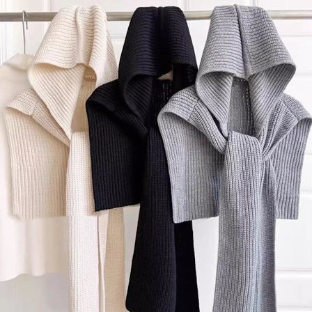 Dame 3-i-1 Strikket Hættetrøje Halstørklæde Cape Casual Sjal Top Stilfuld Strikket Knude Skulder Cape, 3-Delt Sæt