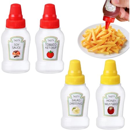 4 stk. Mini Ketchupdispenser, 25 ml Ketchup/Honning/Soyasaus/Salat Klemmbare Sausbeholdere, Små Klemmbare Sausflasker med Skrukork
