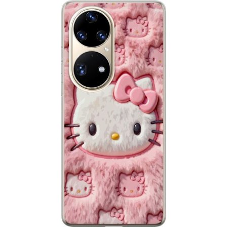 Kompatibel Mobilcover til Huawei P50 Pro Hello Kitty lyserød fluffy baggrund med ikonisk ansigt og kawaii-æstetik