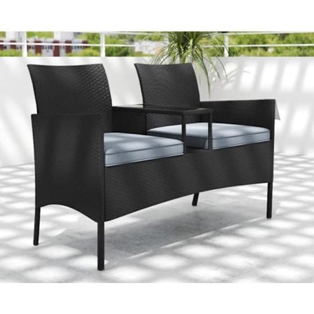 COSTWAY 3-delt Ensemble Inkluderende Bord og Havestole i PE Rattan, 2 Pladser, Bløde Hynder og Tempereret Glas Tab, Grå