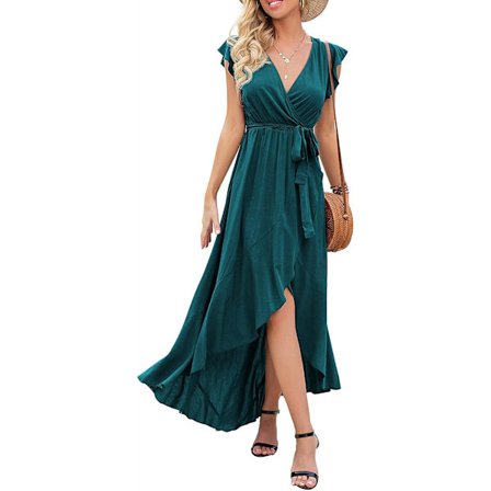 Kvinnors Sommarklänning med Blommönster, Bohemisk, Lång Maxiklänning med Korsad V-ringning, 2XL