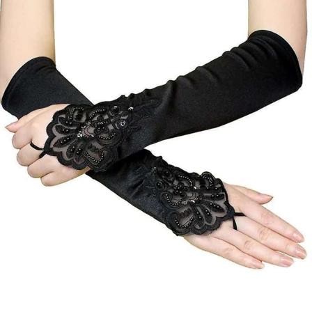 Svarta Operahandskar Långa kvällshandskar Fingerlös Satin Armbow