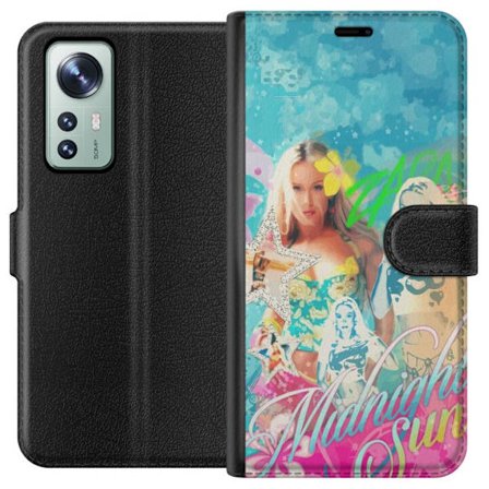 Yhteensopiva Lompakkokotelo Xiaomi 12 Seikkailumaailma Steve, Creeper ja eläimillä värikkäässä palikkagrafiikassa