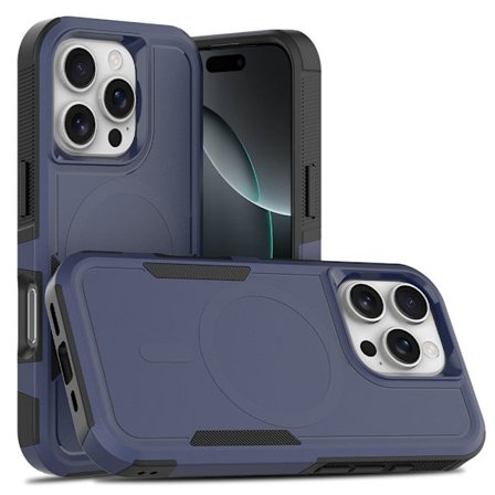 Kompatibel med iPhone 16 Pro Max, magnetisk etui med polstrede hjørner og brudsikkert etui (mørkeblå)