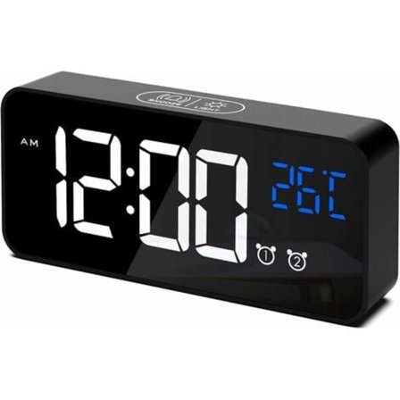 Digital vekkerklokke, LED digital klokke Digital vekkerklokke med temperatur/snooze/2 alarmer/12/24 timer/USB-ladeport/16 musikk (svart)