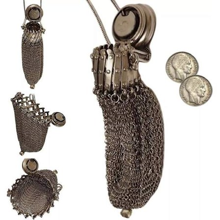 Käsintehty englantilainen kolikkopussi 1920-luvulta, viktoriaaninen sterlinghopeakolikkopussi