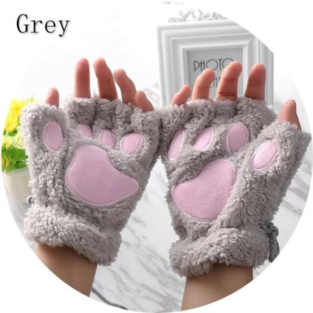 1 Par Kvinnor Flickor Härliga Vinter Varma Fingerless Handskar Fluffy Bear Cat Plysch Paw Claw Halv Finger Handskar Vante Ny Gray One Size