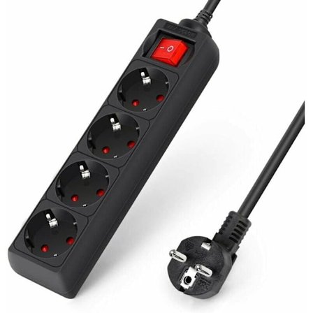 Strömskena med Individuella Strömbrytare, 4 Uttag och 3 USB-Laddningsblock (3680W 16A) Kabel 2m för Smartphone Surfplatta - Svart