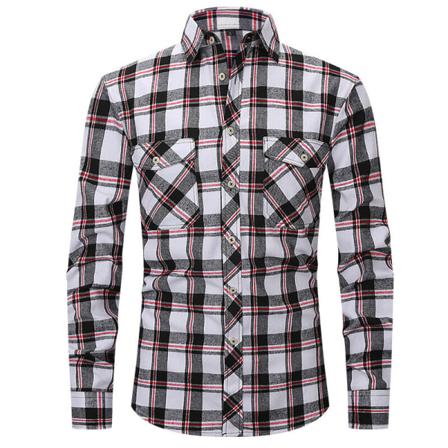 Herr Pläd Med Fickor Button Down Toppar Lapel Neck Tunika Skjorta