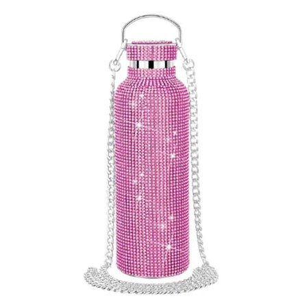 Diamant Vandflaske i Rustfrit Stål, Bærbar Glitter Rhinestone Vandflaske, Skuldertaske, Bling Termokande 600ml C