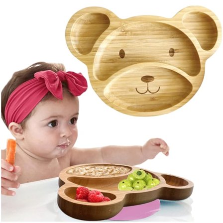 Bambus Tallerken for Barn - Baby- og Småbørntallerkener med Sugekopp for Mating og Avvenning, Miljøvennlig Bjørnedesign Fremmer Selv-Mating
