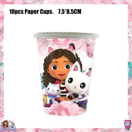 Gabby Dollhouse Födelsedagsfest Tillbehör: Rosa Gabby Katt-muggar, tallrikar, servetter, ballonger, bakgrund-FA-