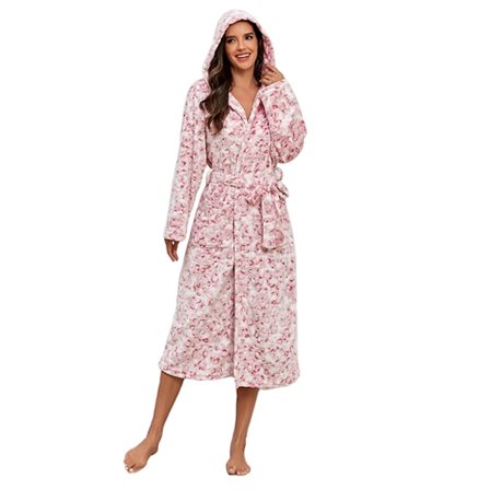 Europeisk og amerikansk høst- og vinterflanell tykk nattkjole med forlenget slips, ensfarget hettegenser for kvinner