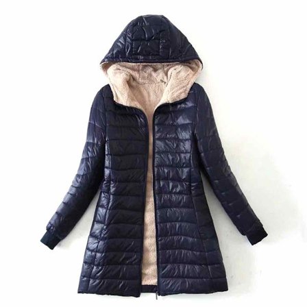 Lammfleece mediumlång varm bomullsjacka med huva för kvinnor plus size bomullsjacka